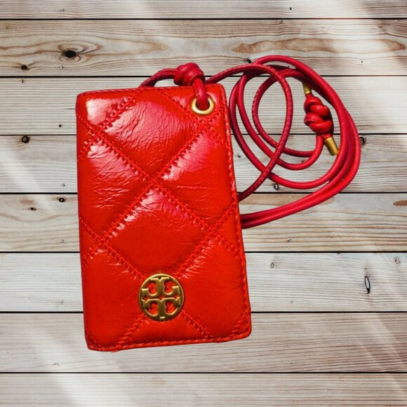 NWT Tory Burch Willa Shine Lanyard Card Holder Red Color Leather Gold Logo - Picture 4 of 4